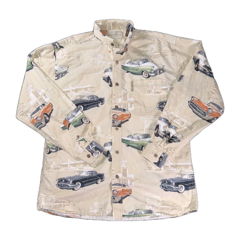 Magellan Mens M Vintage AOP Cars Print Shirt Beige Button Up Casual Outdoor